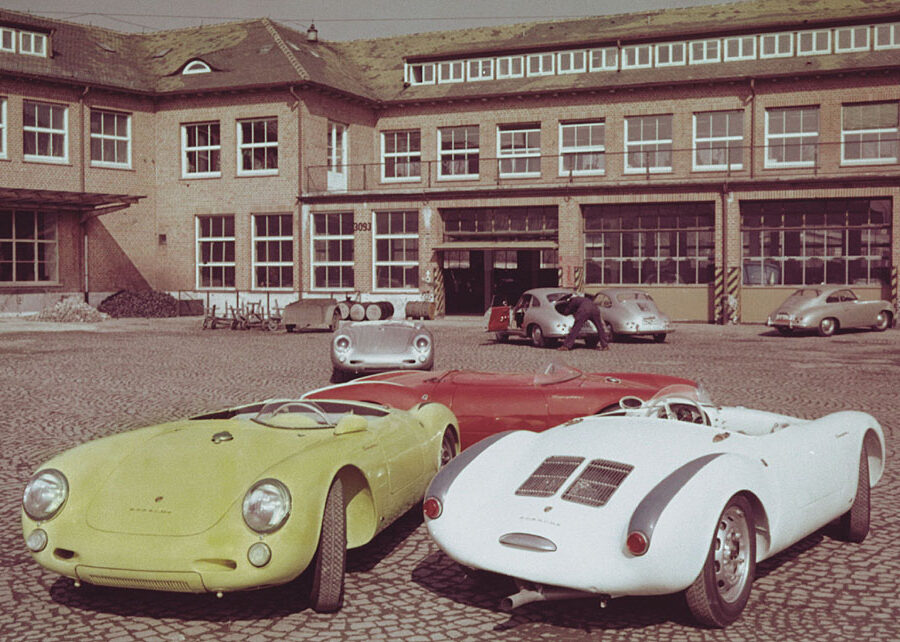 1955. 550 Spyders in the Porsche yard in Stuttgart-Zuffenhausen