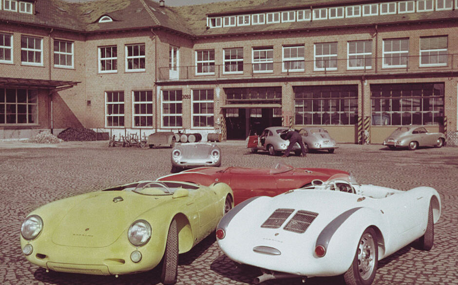 1955. 550 Spyders in the Porsche yard in Stuttgart-Zuffenhausen