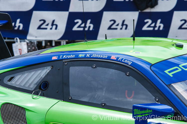 The #99 Dempsey-Proton Racing Porsche 911 RSR (GTE Am) photographed at Scrutineering on 10 June. The car was to be driven by Patrick Long, Tracy Krohn and Niclas Jönsson