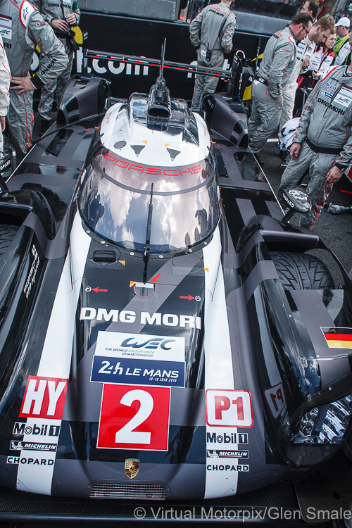 The race winning #2 Porsche 919 Hybrid of Romain Dumas, Neel Jani and Marc Lieb sits on the starting grid