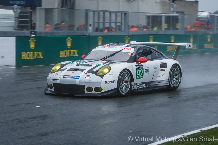 The #92 Porsche 911 RSR driven by Frédéric Makowiecki, Jörg Bergmeister and Earl Bamber retired after 140 laps