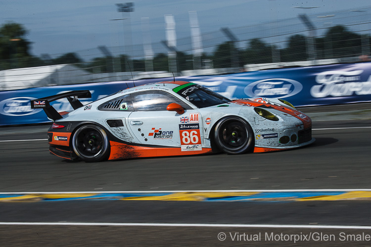 The #86 Gulf Racing UK Porsche 911 RSR driven by Michael Wainwright, Adam Carroll and Benjamin Barker finished fifth