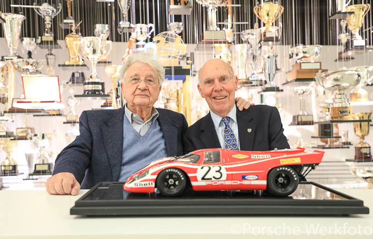 The winning drivers from Porsche’s first Le Mans 24 Hour victory on 14 June 1970 (from L-R) Hans Herrmann and Richard Attwood (2019)