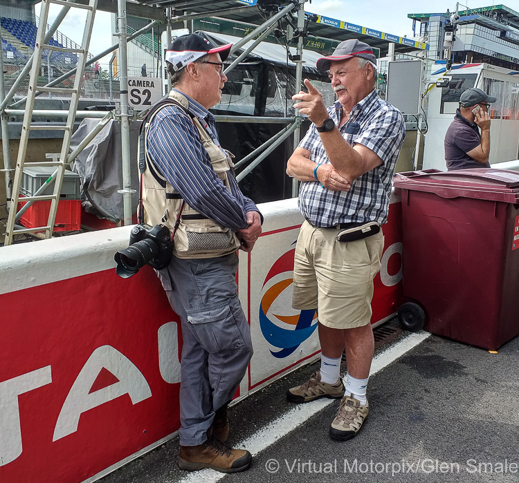 Porsche Road & Race editor, Glen Smale (left) discusses the prospects ahead of the Le Mans 24 Hours with Richard Wiley, Fellow of the SAGMJ