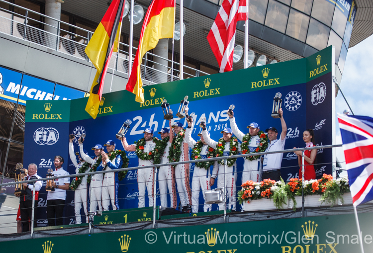 Le Mans 24 Hours, 16/17 June 2018: The podium for the GTE Pro class - (centre) 1st #92 Porsche GT Team - Christensen/Estre/Vanthoor