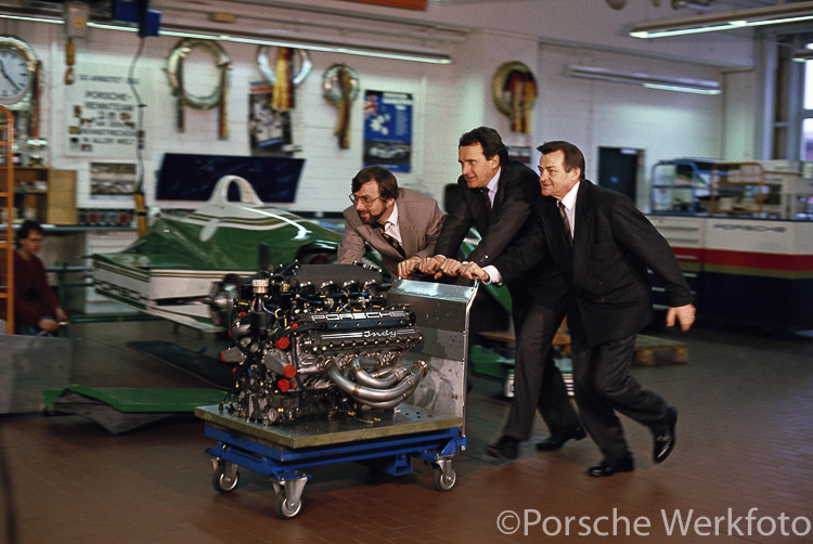 Hans-Joachim Esch, Helmut Flegl and Hans Mezger with the CART/Indy series engine