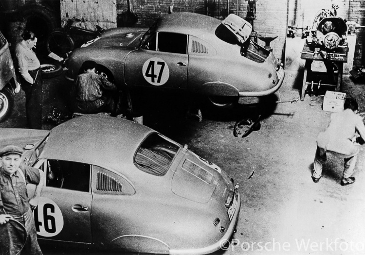 The #46 Porsche 356 SL (foreground) driven by Edmond Mouche and Auguste Veuillet, while in the background is the #47 Porsche 356 SL (background) was damaged in practice by Rudolph Sauerwein