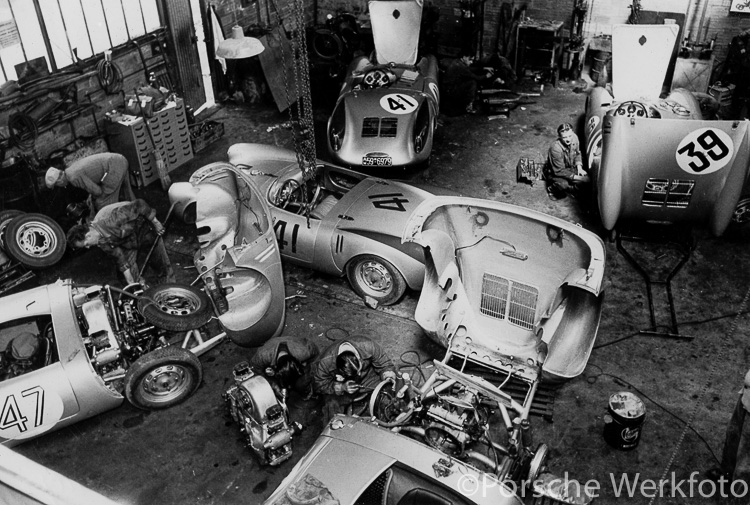 The factory Porsche 550 Spyders undergo preparation in the workshop at Teloché