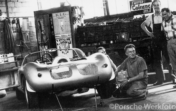 Sharing a joke in the Teloché workshop are (from L-R) Werner Enz, Hubert Mimler, Ludwig Schmidt and Herbert Linge