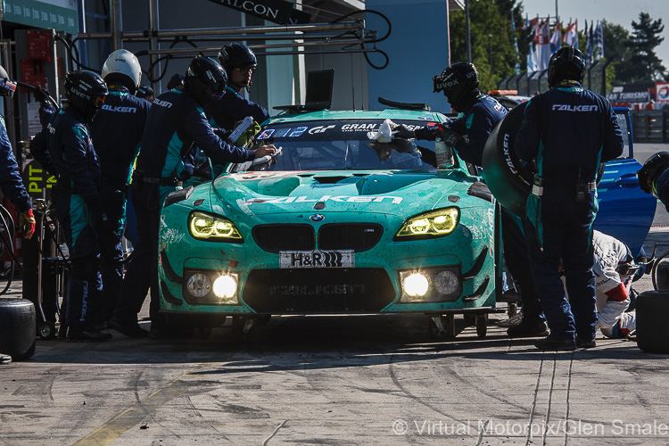 The #33 Falken Motorsports BMW M6 GT3 was driven by Peter Dumbreck, Stef Dusseldorp, Alexandre Imperatori and Jens Klingmann. Here the car pits for fuel and tyres on Sunday morning