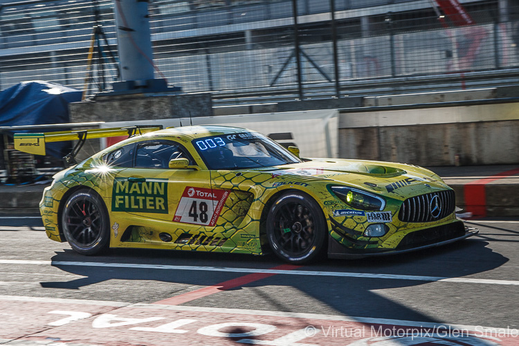 The #48 Team Mann-Filter Mercedes-AMG GT3 driven by Hohenadel/Arnold/Marciello/Götz calls into the pits early on Sunday morning