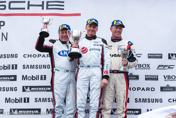 Am class podium after the Donington round of the Carrera Cup GB on 30 April 2018 (from L-R): Gary Eastwood, Peter Mangion, Peter Kyle-Henney