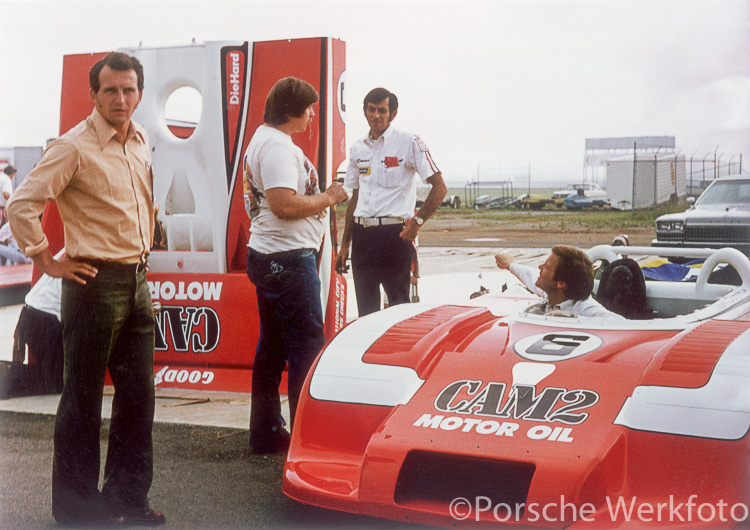 Porsche engineer, Helmut Flegl with driver, Mark Donohue