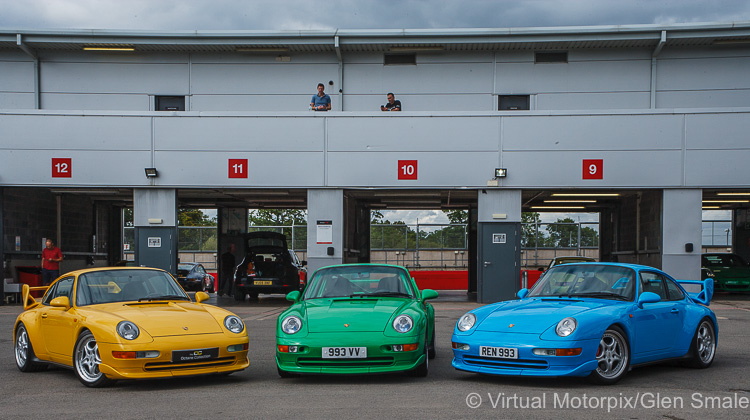 Three Porsche 993 RS on display in the paddock at Donington Park