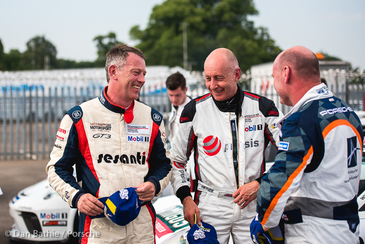 Peter Kyle-Henney, Peter Mangion and Iain Dockerill enjoy a joke at the Snetterton round of the Carrera Cup GB in July 2018