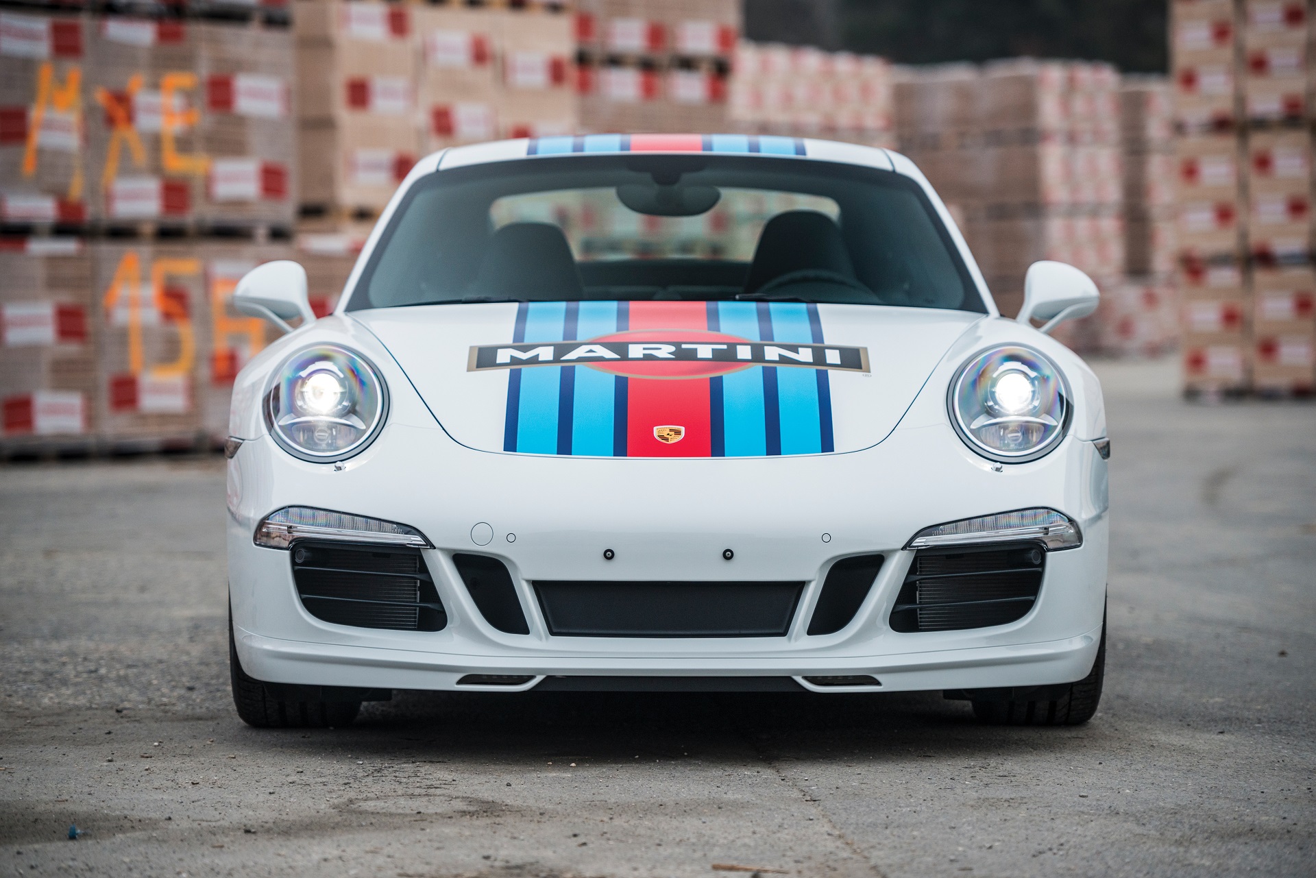 Frontal view of a 2014 Porsche 911 Carrera S Martini Racing Edition