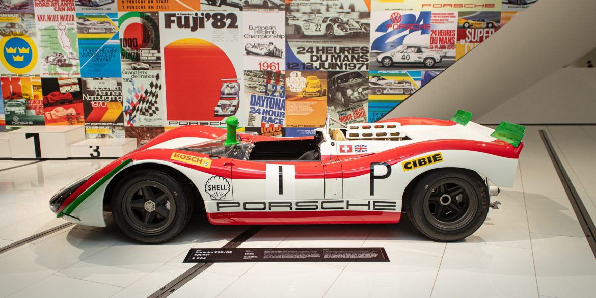 The No. 1 Porsche 908/02 Spyder driven Jo Siffert and Brian Redman to victory in the International ADAC Nürburgring 1000 Km race on 1 June 1969 - photographed at the Porsche Museum, Stuttgart, 2024. © Glen Smale