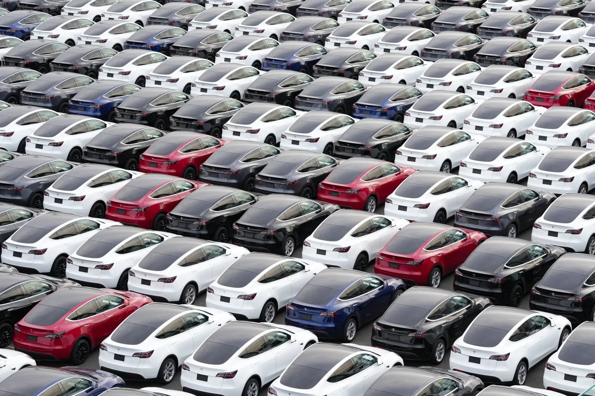 Aerial view of a unsold Tesla inventory