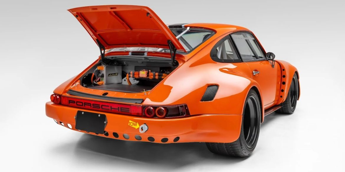 Three-quarter rear view of the E Porsche 911 restomod by Ruffian Cars